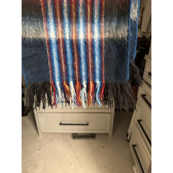 Vintage Soft Brushed Acrylic Stripe Fringe Scarf | Retro Navy Blue & Rust Plaid - Picture 2 of 5